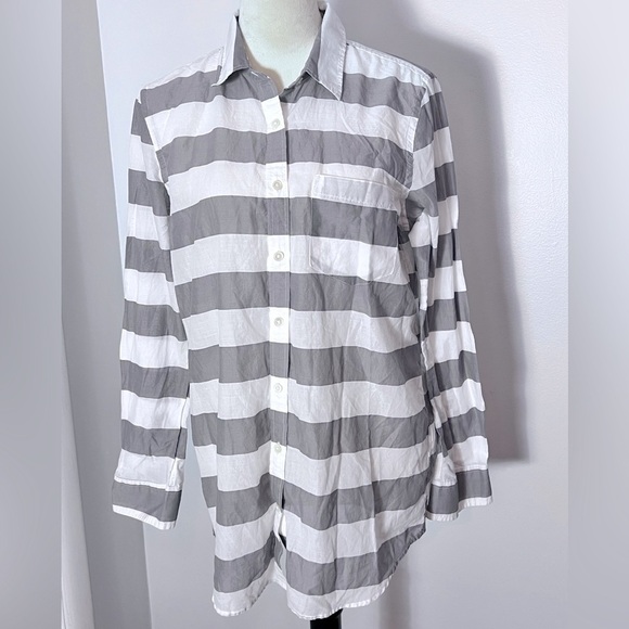 BANANA REPUBLIC SZ M SOFT WASH LONG SLEEVE COTTON BUTTON FRONT GRAY WHITE STRIPE - Picture 1 of 7